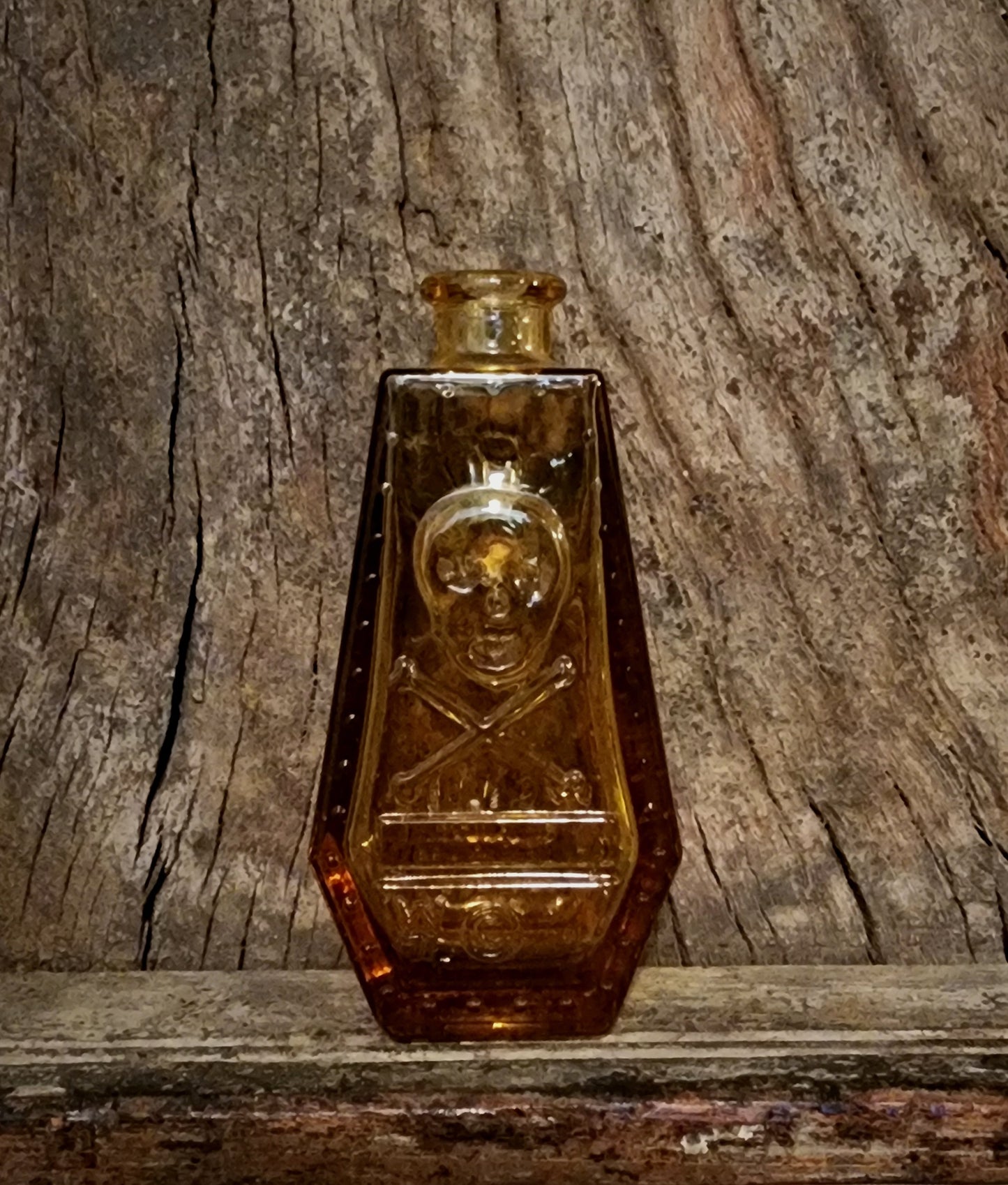 Vintage Wheaton Yellow Glass Poison Bottle/Coffin Shape Skull &Cross Bones R.I.P.