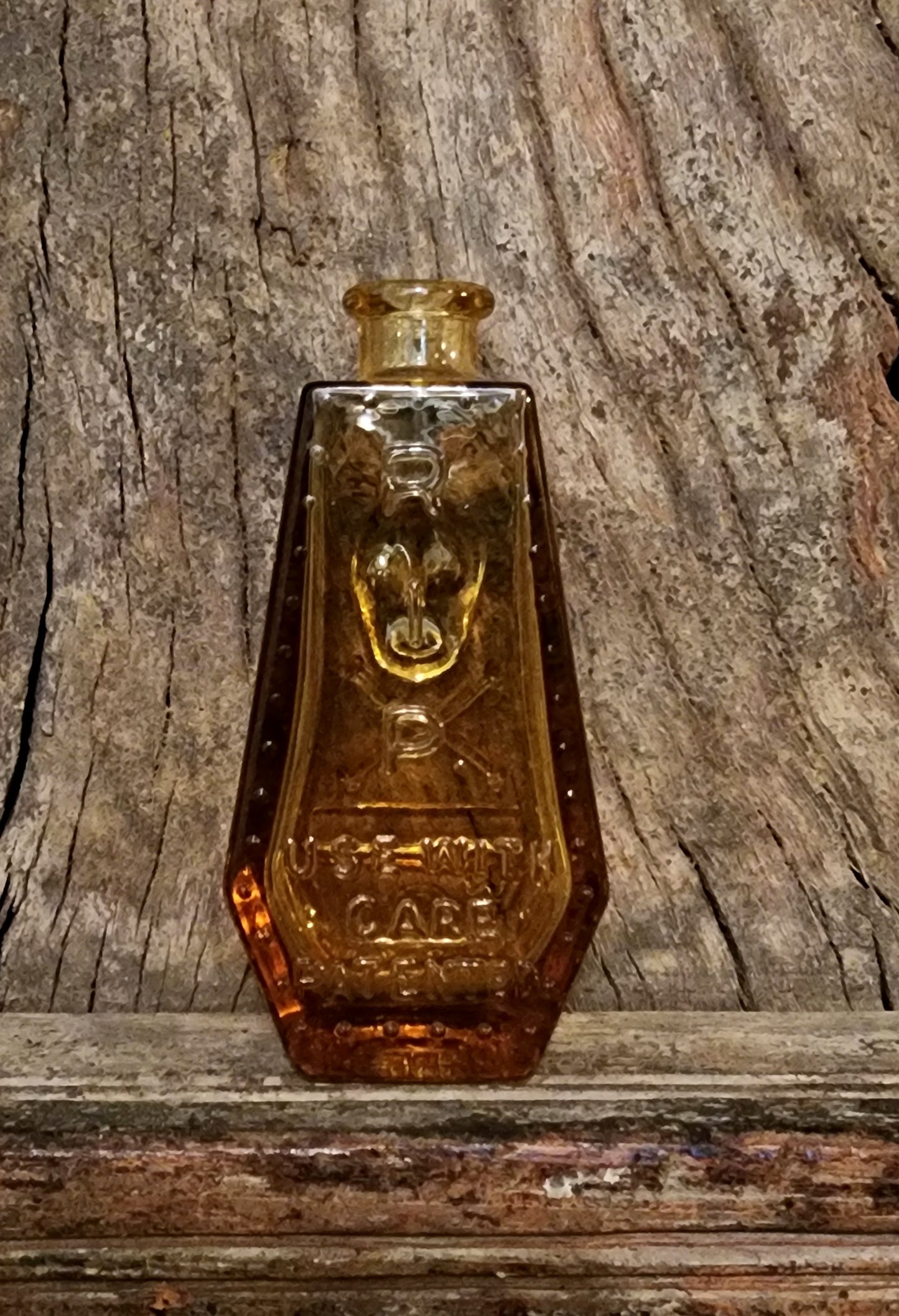 Vintage Wheaton Yellow Glass Poison Bottle/Coffin Shape Skull &Cross Bones R.I.P.