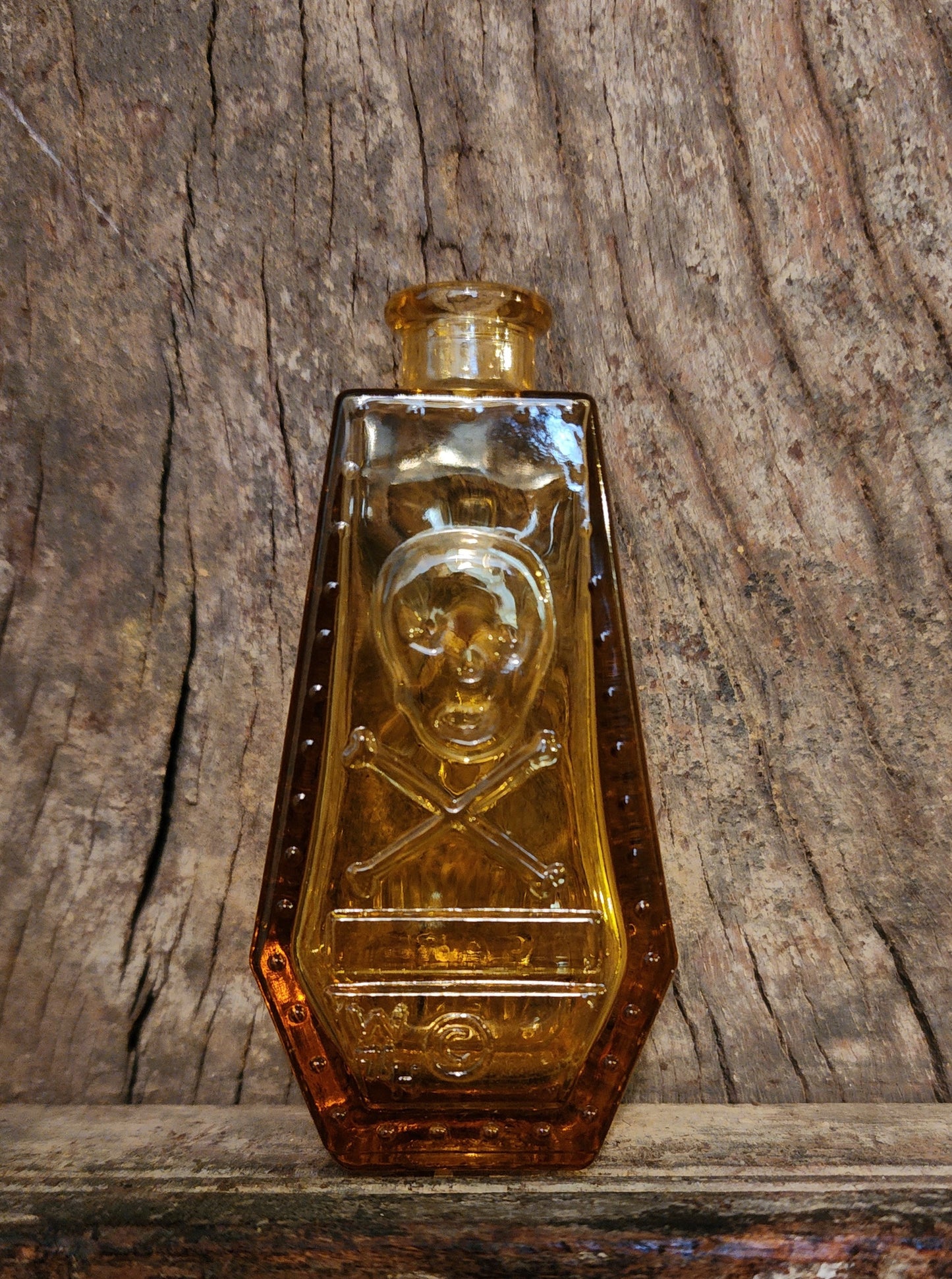 Vintage Wheaton Yellow Glass Poison Bottle/Coffin Shape Skull &Cross Bones R.I.P.