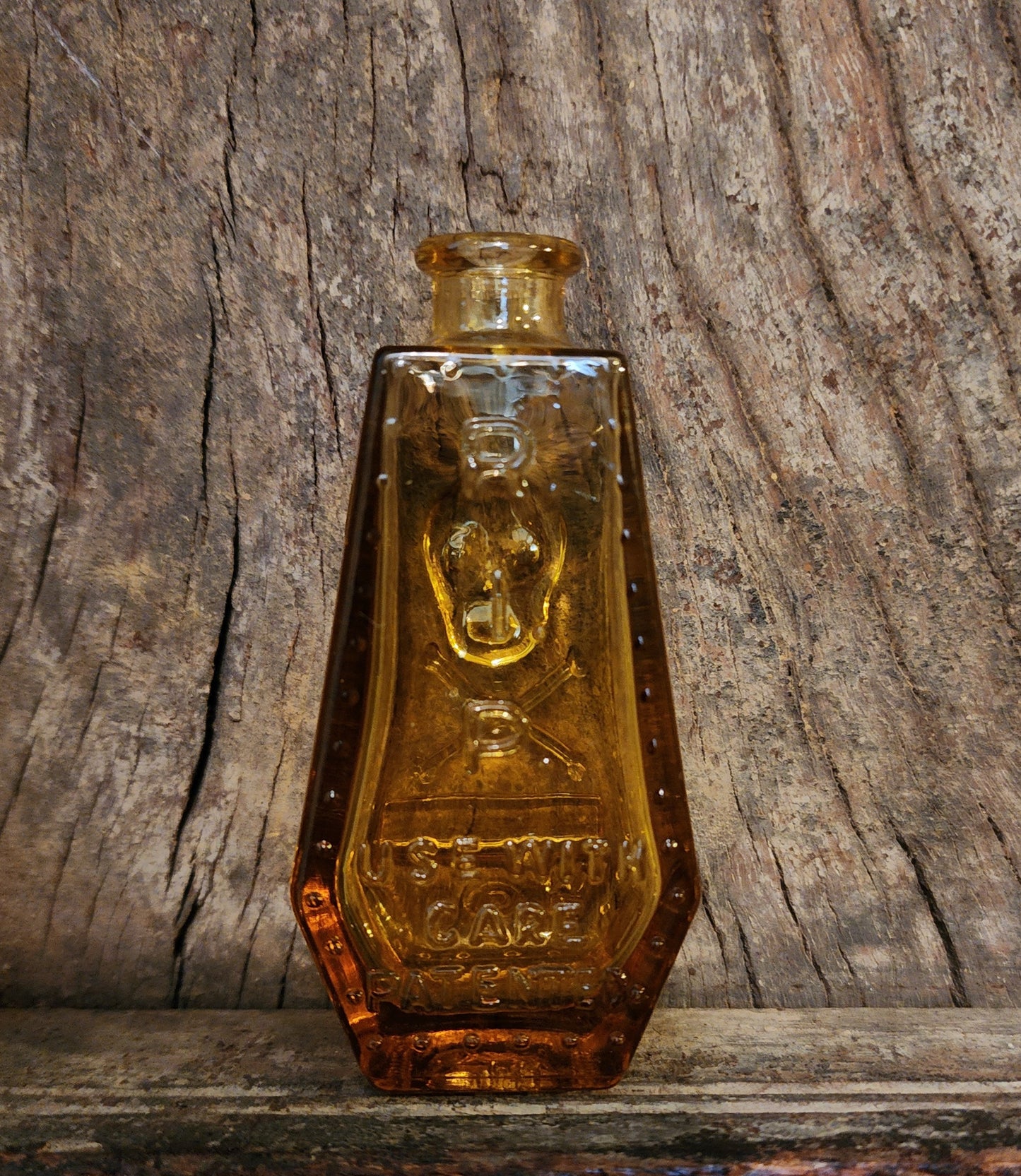 Vintage Wheaton Yellow Glass Poison Bottle/Coffin Shape Skull &Cross Bones R.I.P.
