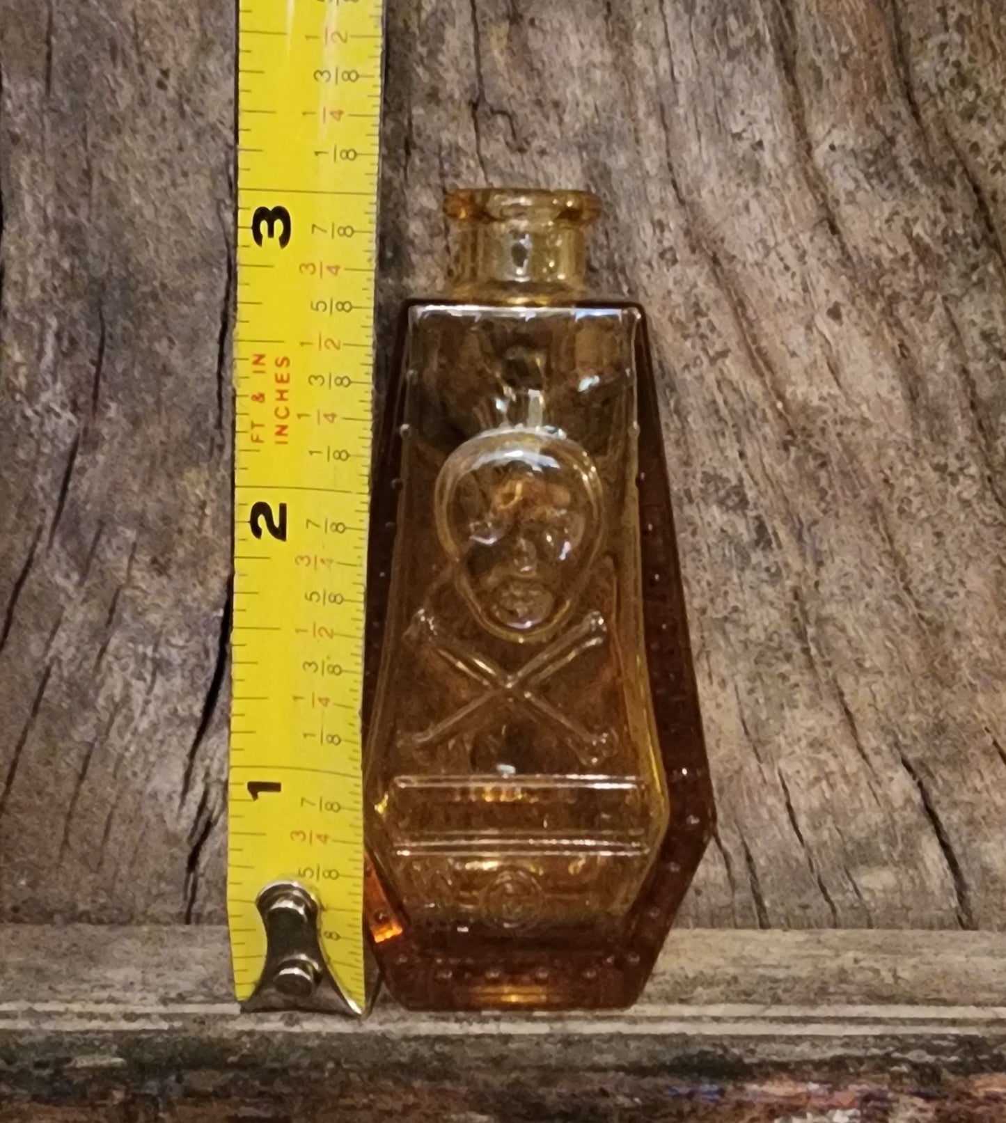 Vintage Wheaton Yellow Glass Poison Bottle/Coffin Shape Skull &Cross Bones R.I.P.