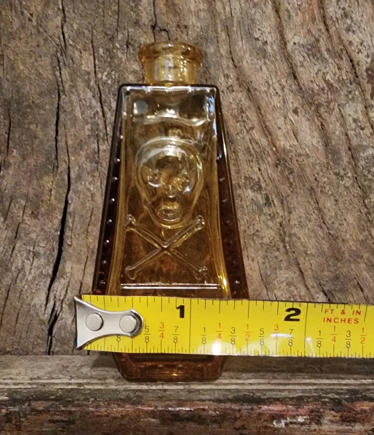 Vintage Wheaton Yellow Glass Poison Bottle/Coffin Shape Skull &Cross Bones R.I.P.
