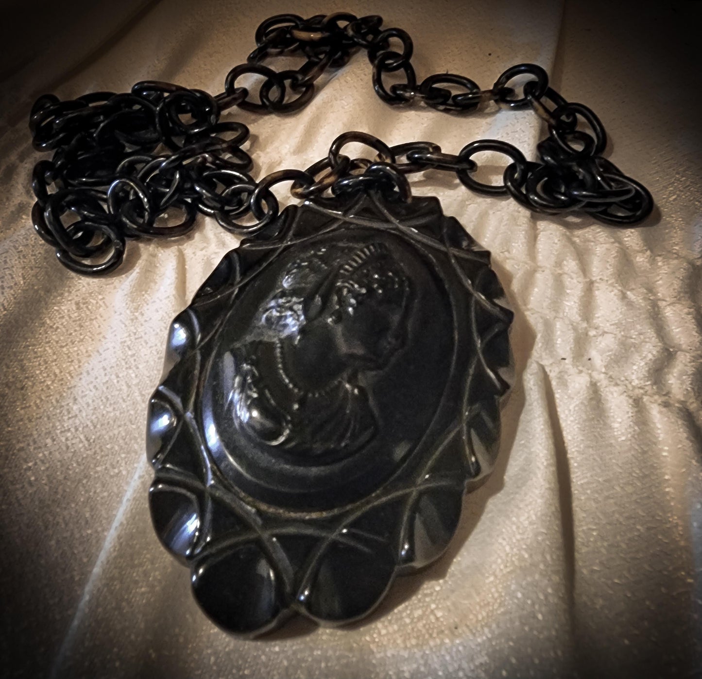 Black Bakelite Mourning Cameo Necklace