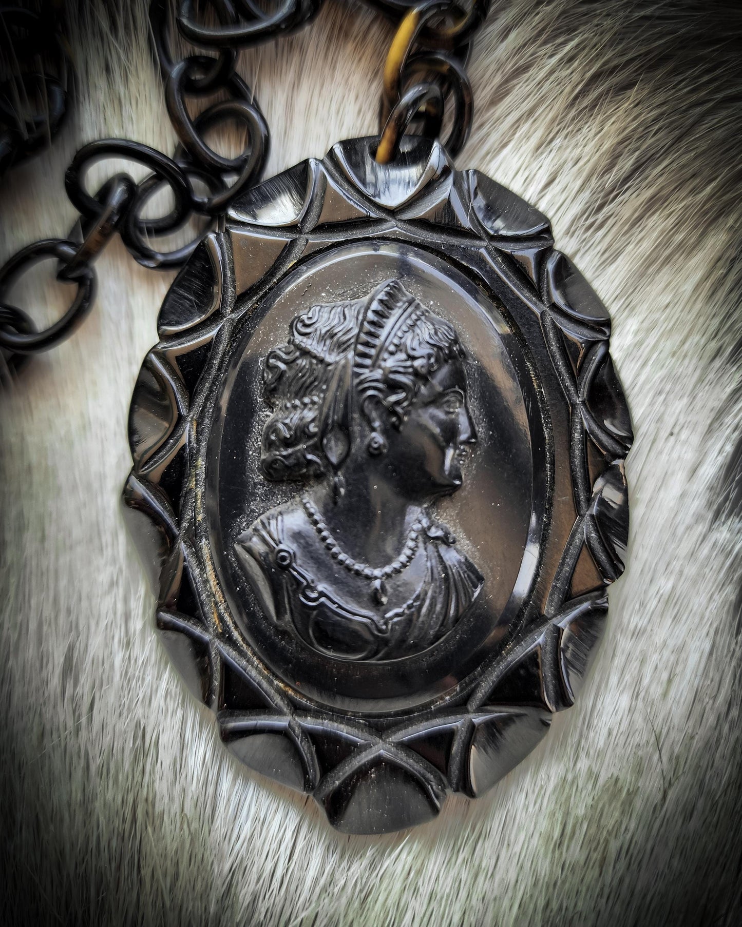 Black Bakelite Mourning Cameo Necklace