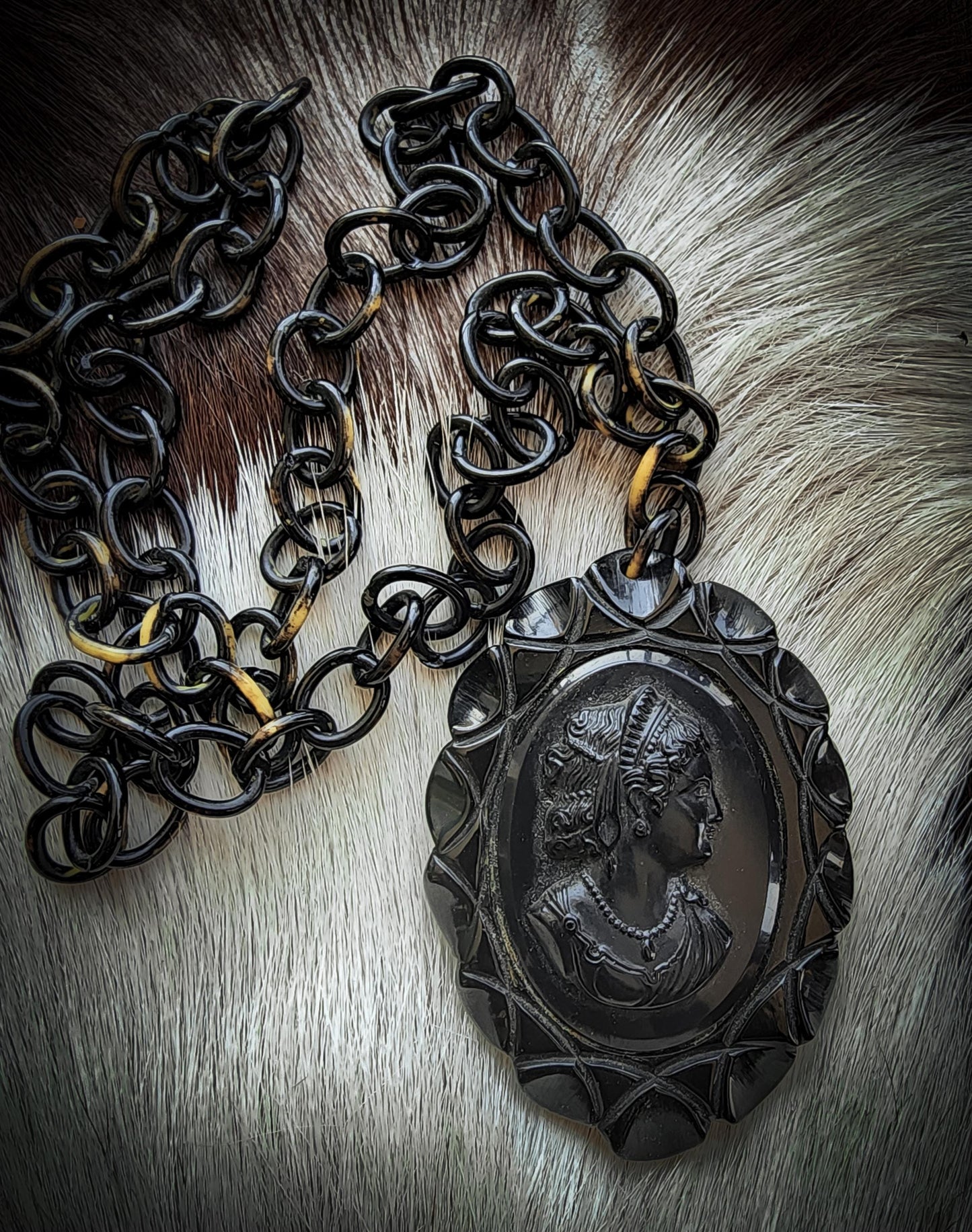 Black Bakelite Mourning Cameo Necklace
