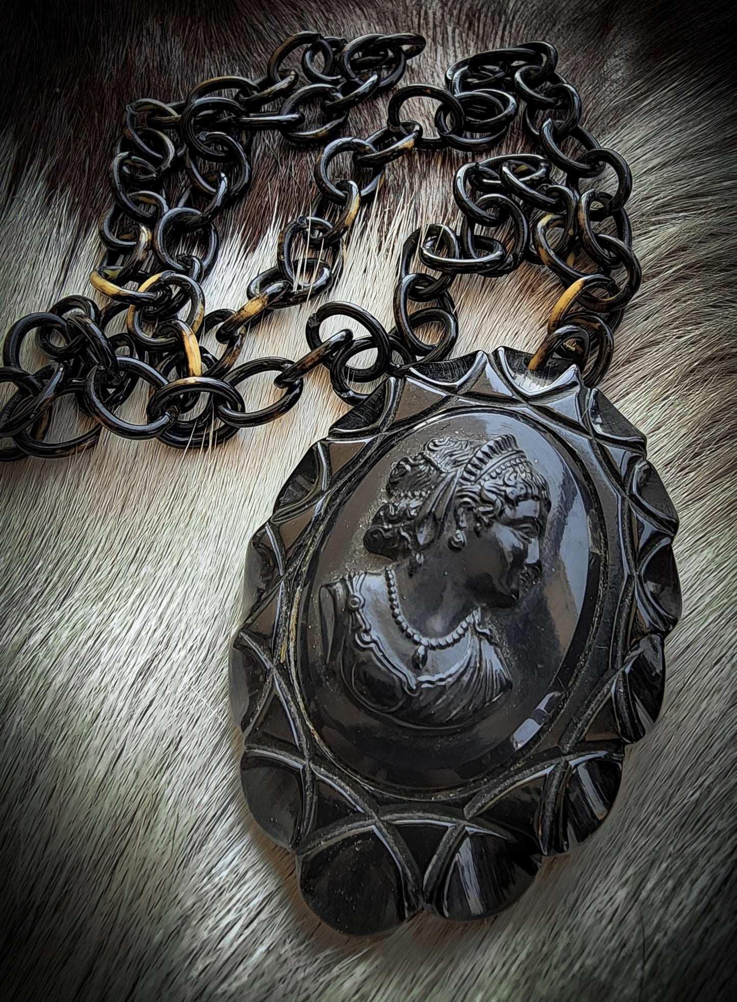Black Bakelite Mourning Cameo Necklace