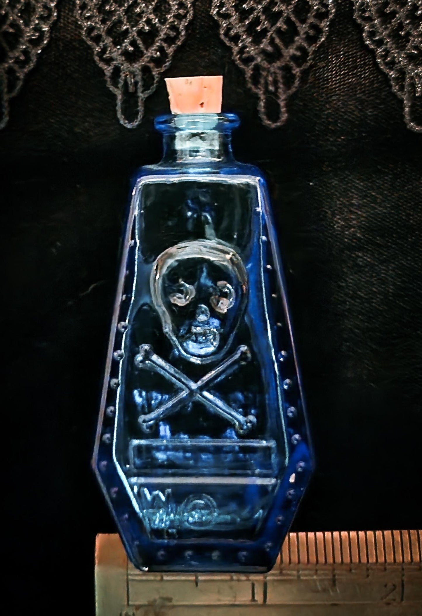 Vintage Wheaton Blue Glass Poison Bottle/Coffin Shape Skull &Cross Bones R.I.P.