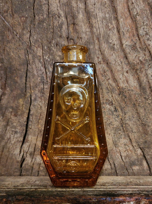 Vintage Wheaton Yellow Glass Poison Bottle/Coffin Shape Skull &Cross Bones R.I.P.