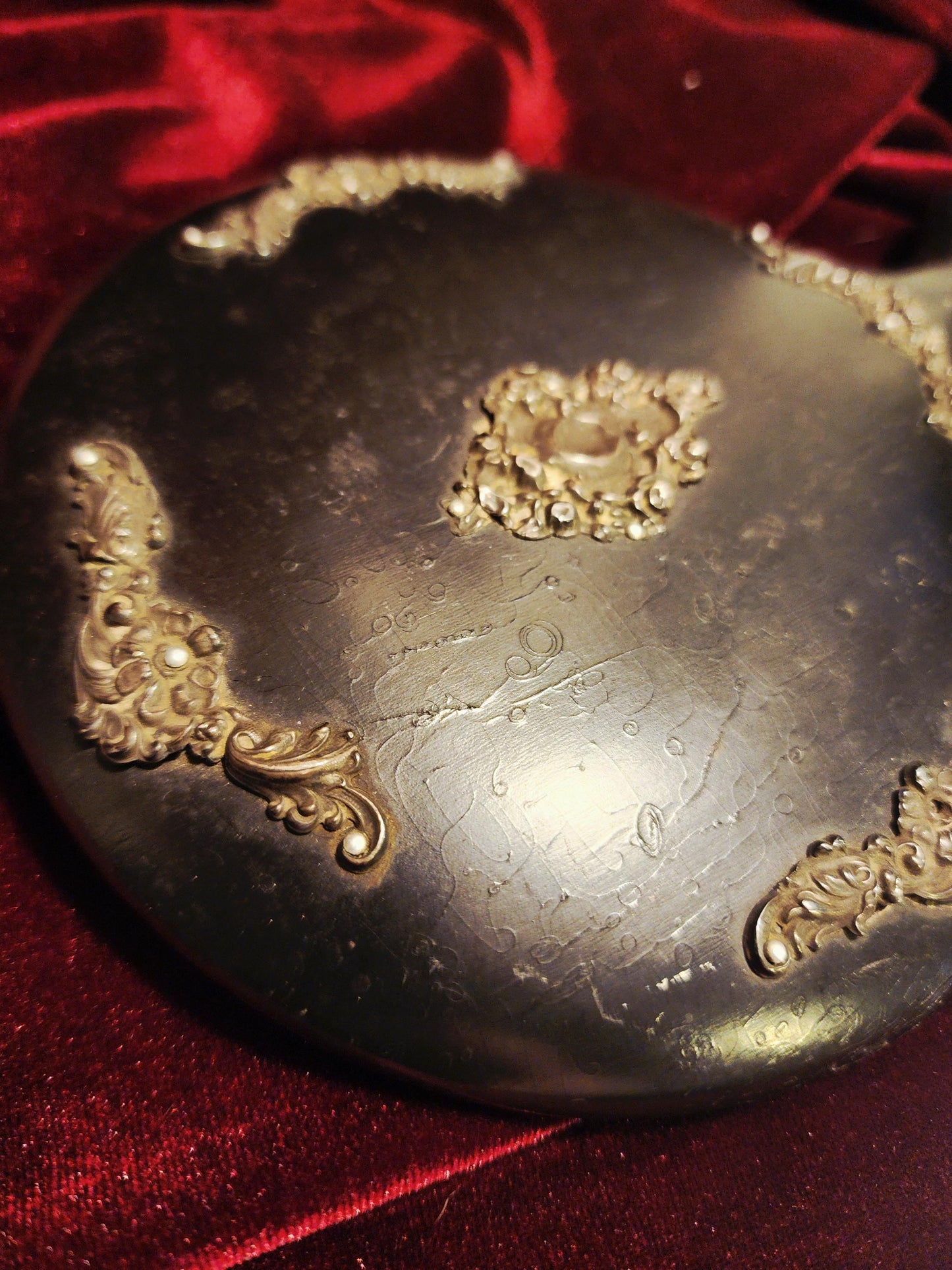 Antique Black Wooden Hand Mirror