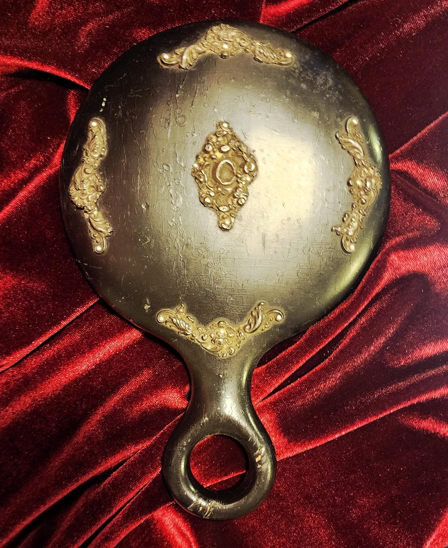 Antique Black Wooden Hand Mirror