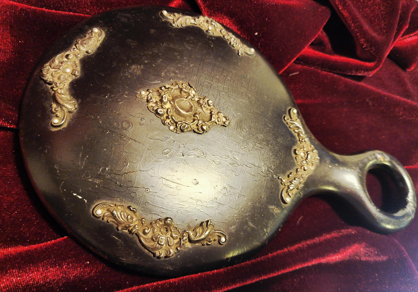 Antique Black Wooden Hand Mirror