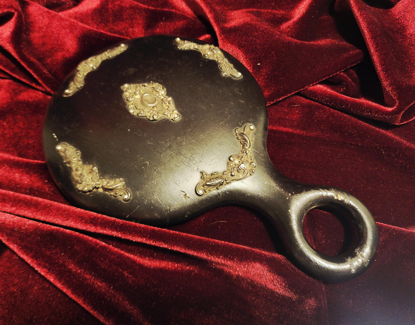 Antique Black Wooden Hand Mirror