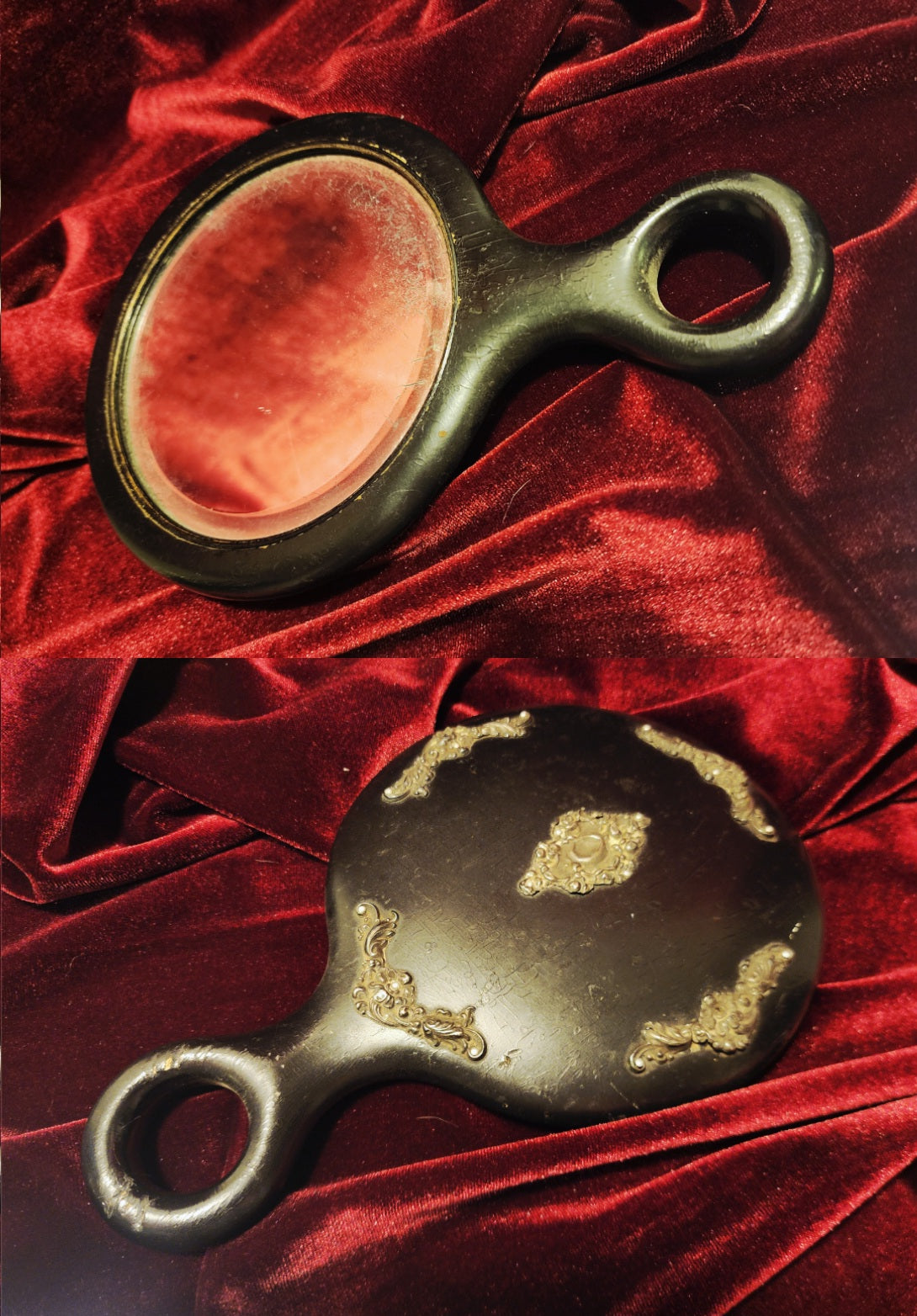 Antique Black Wooden Hand Mirror