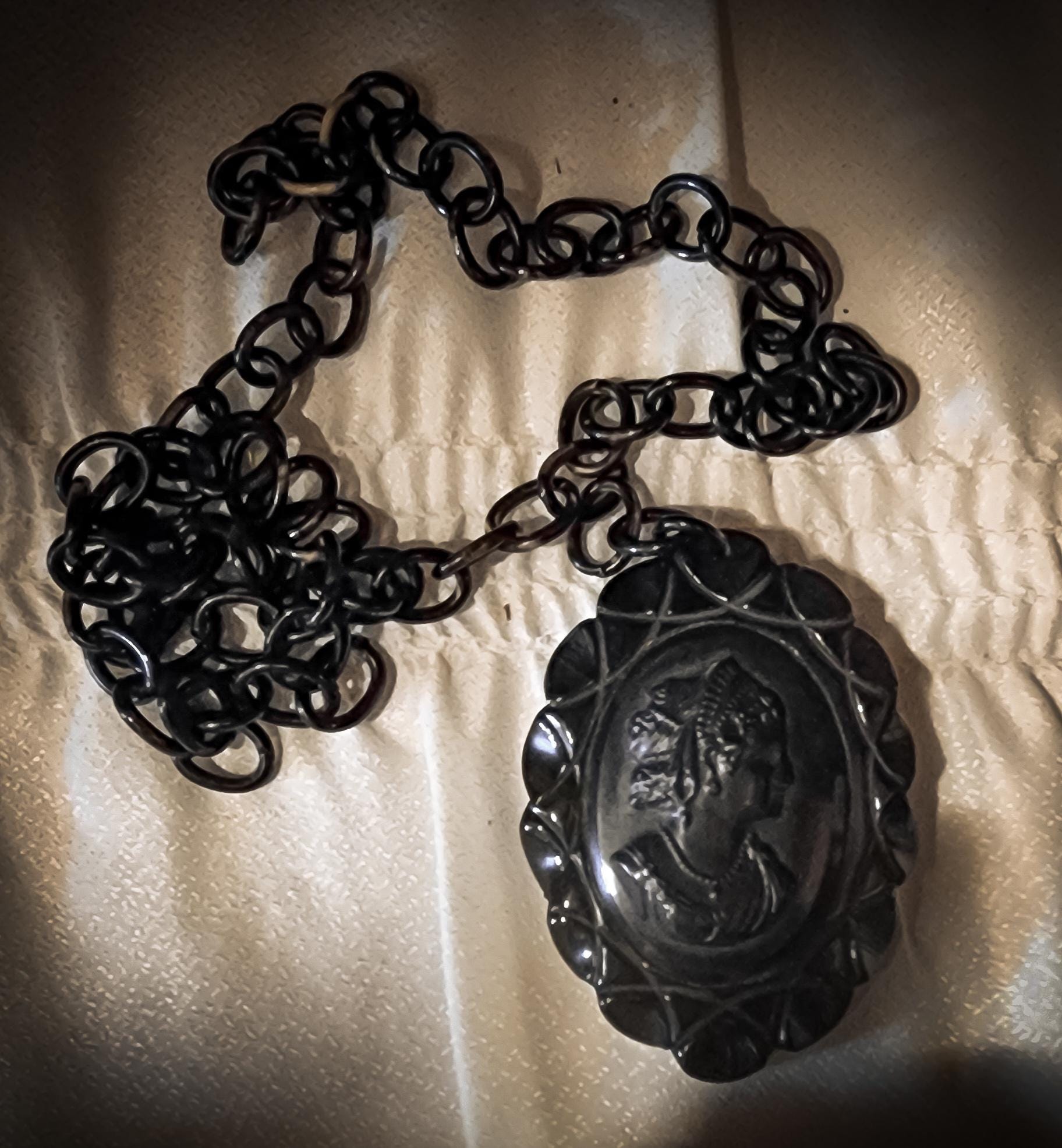 Black Bakelite Mourning Cameo Necklace