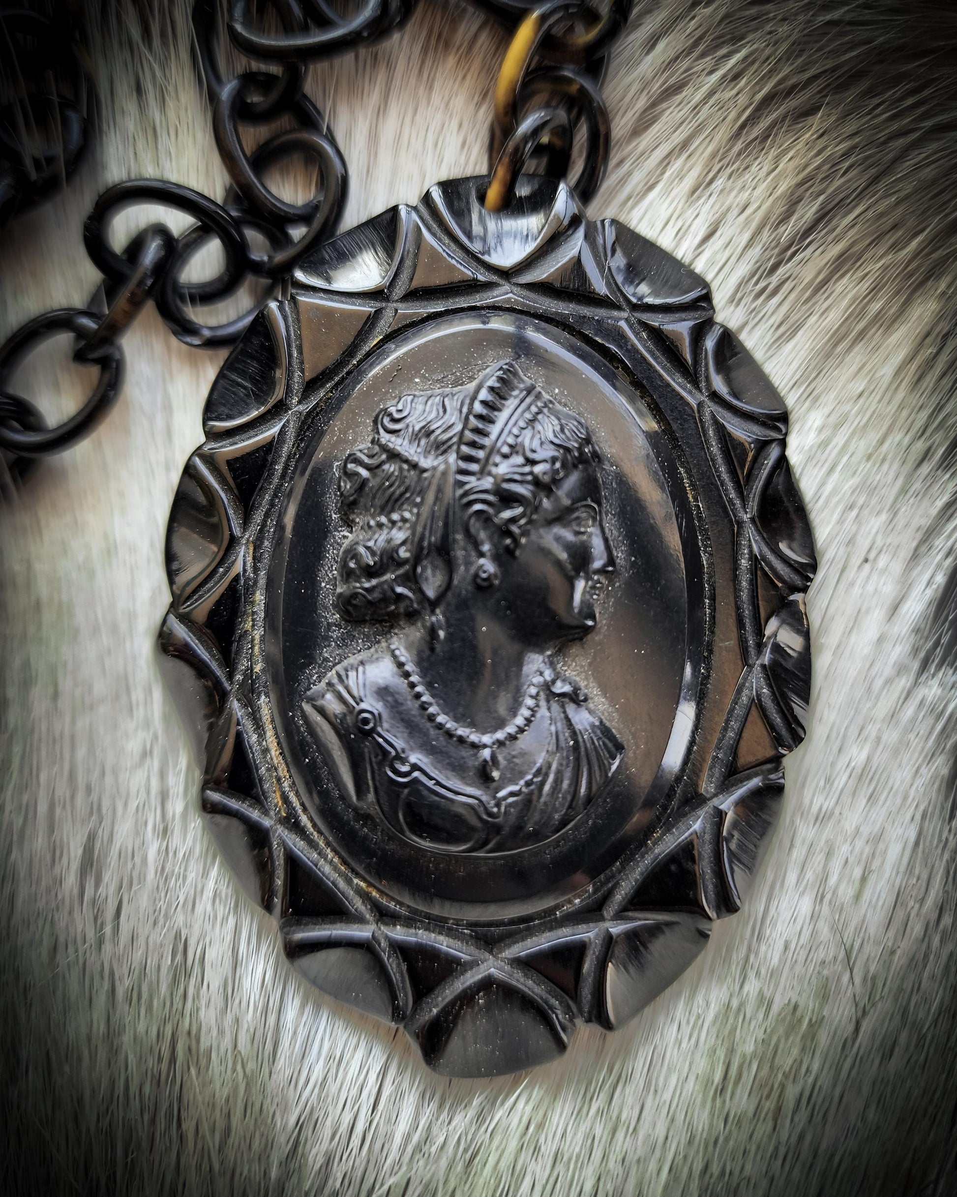Black Bakelite Mourning Cameo Necklace