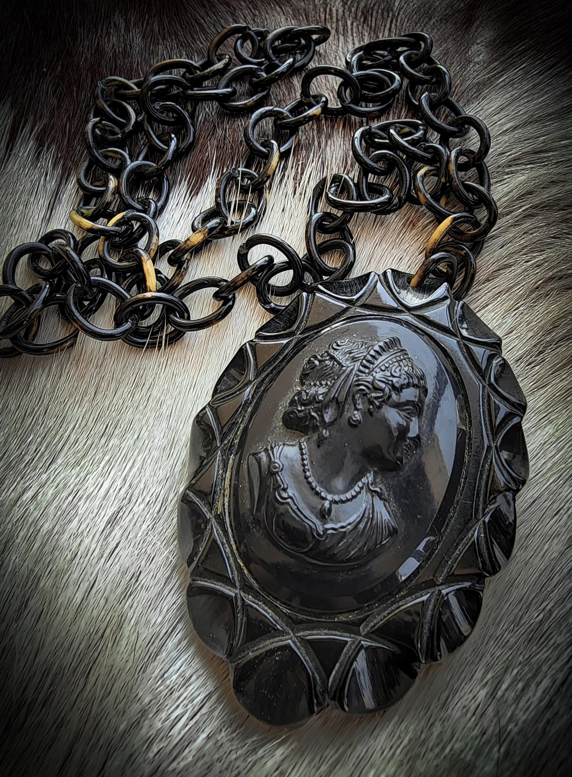 Black Bakelite Mourning Cameo Necklace