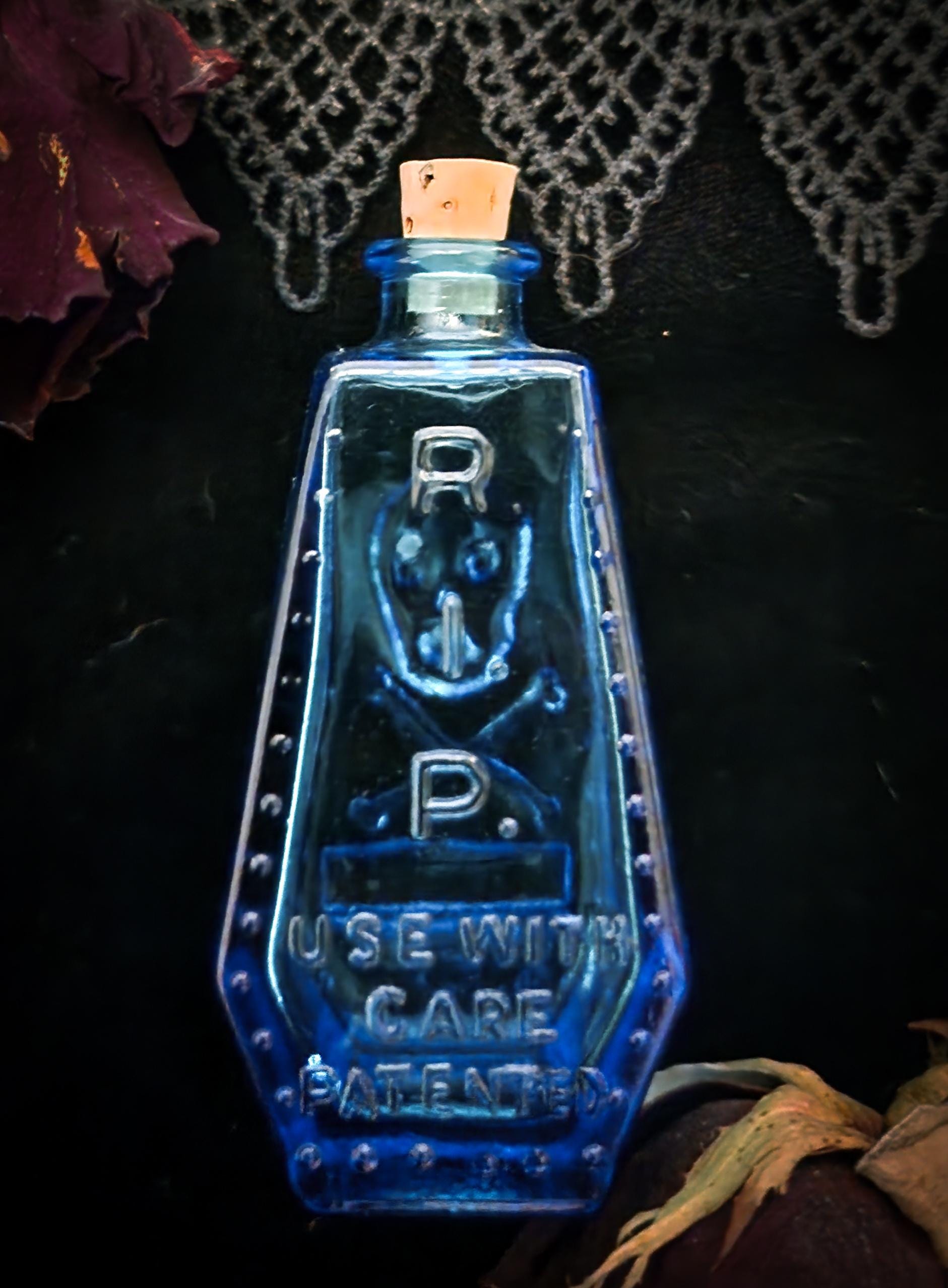 Vintage Wheaton Blue Glass Poison Bottle/Coffin Shape Skull &Cross Bones R.I.P.
