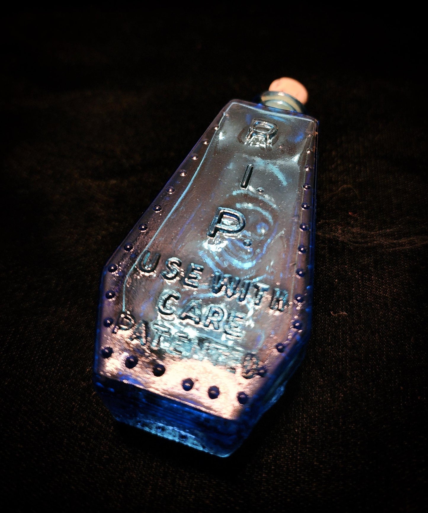 Vintage Wheaton Blue Glass Poison Bottle/Coffin Shape Skull &Cross Bones R.I.P.