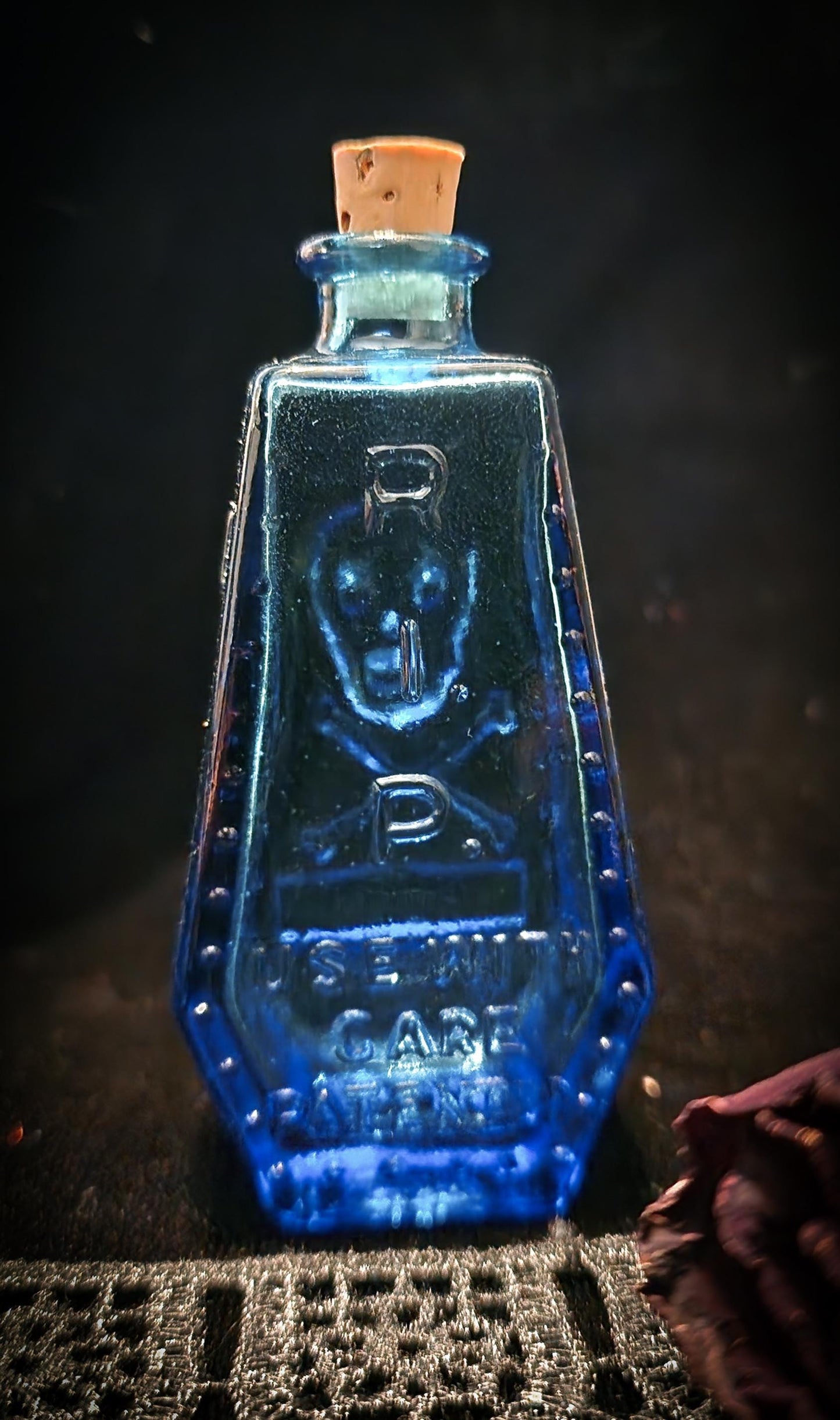 Vintage Wheaton Blue Glass Poison Bottle/Coffin Shape Skull &Cross Bones R.I.P.