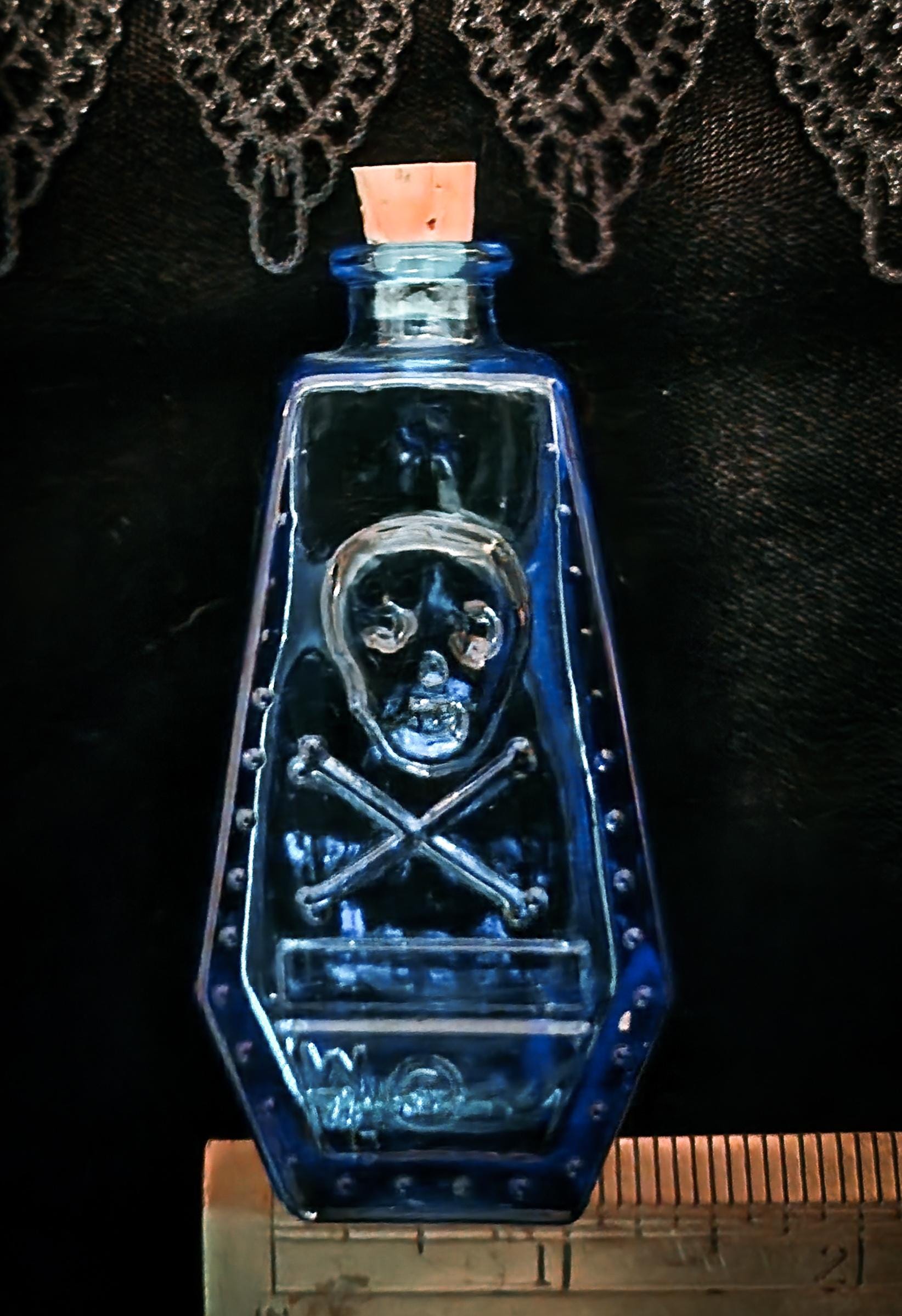 Vintage Wheaton Blue Glass Poison Bottle/Coffin Shape Skull &Cross Bones R.I.P.