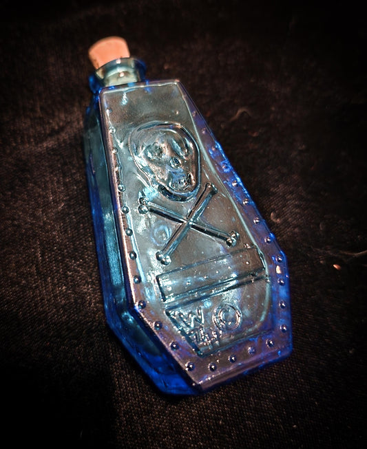 Vintage Wheaton Blue Glass Poison Bottle/Coffin Shape Skull &Cross Bones R.I.P.