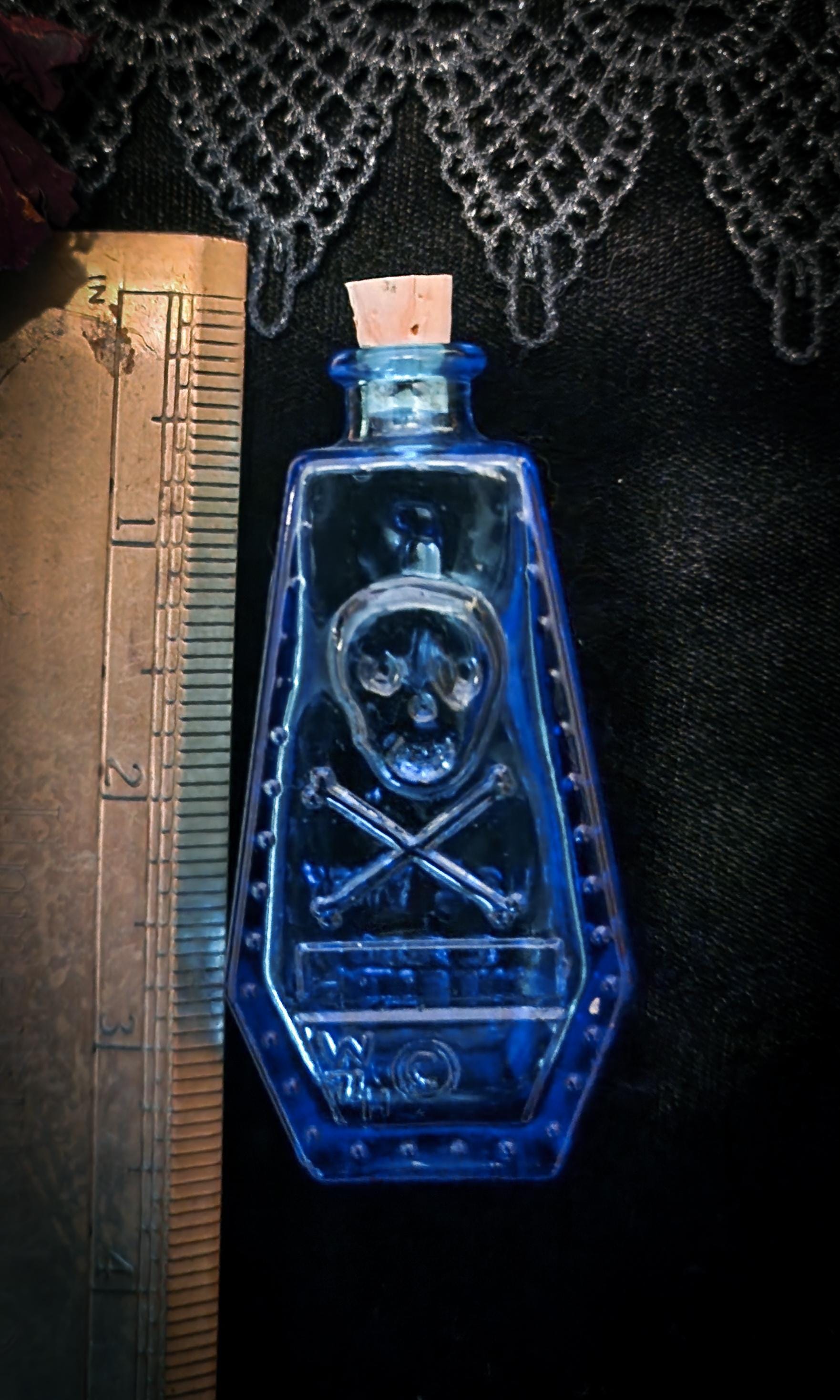 Vintage Wheaton Blue Glass Poison Bottle/Coffin Shape Skull &Cross Bones R.I.P.