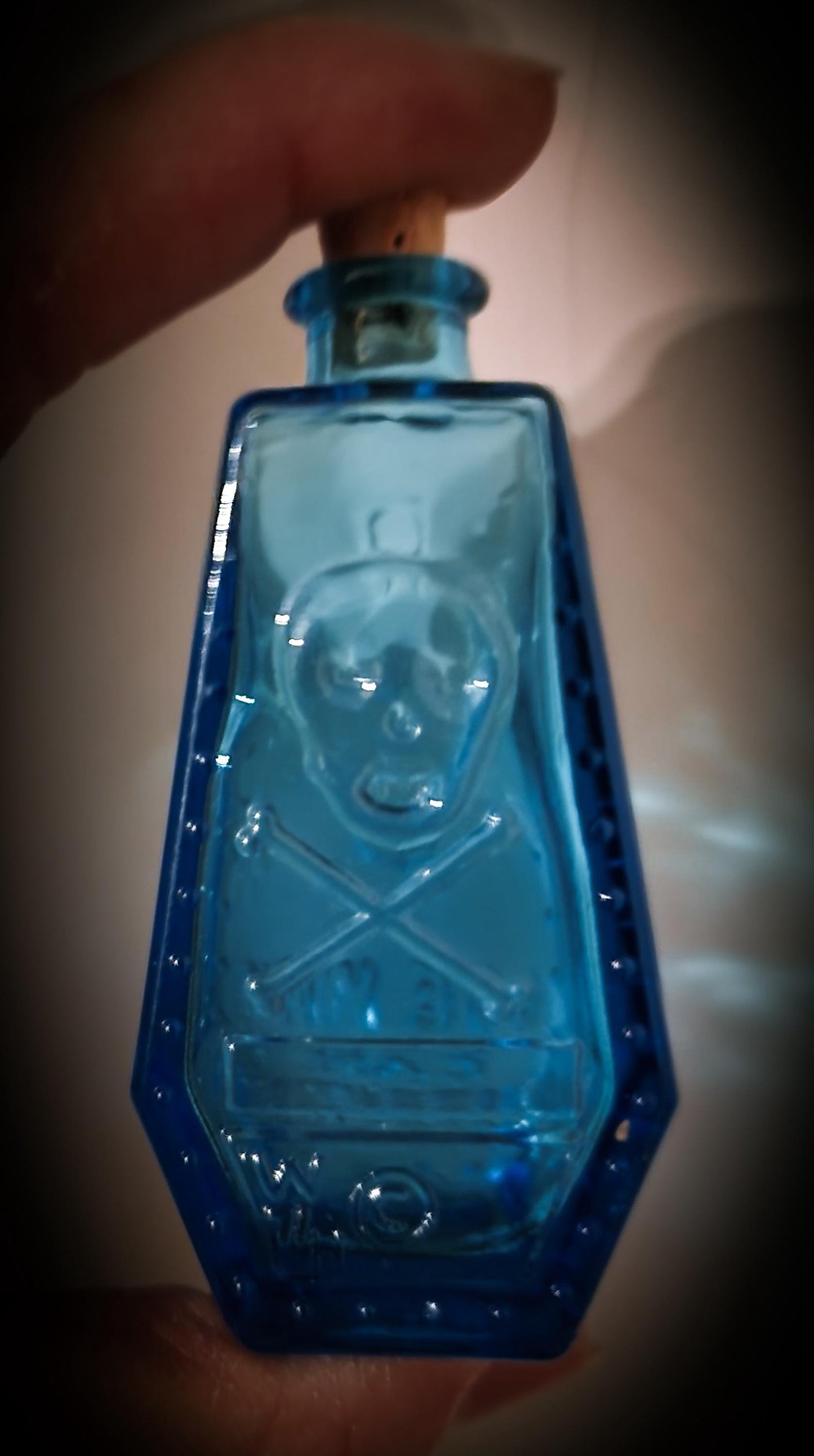 Vintage Wheaton Blue Glass Poison Bottle/Coffin Shape Skull &Cross Bones R.I.P.