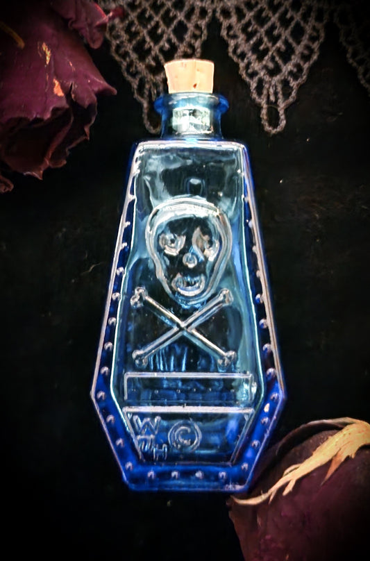Vintage Wheaton Blue Glass Poison Bottle/Coffin Shape Skull &Cross Bones R.I.P.